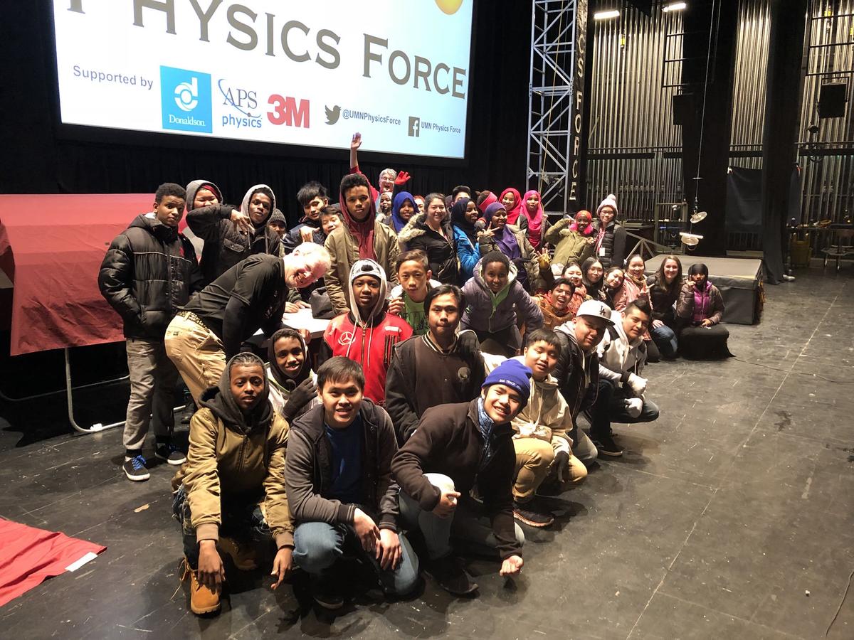 Physics Force member Hank Ryan with a group of students at the TPT studio.